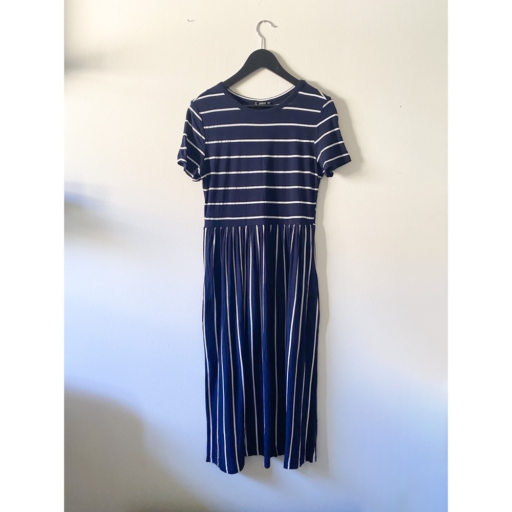Navy & White Striped Midi Dress
